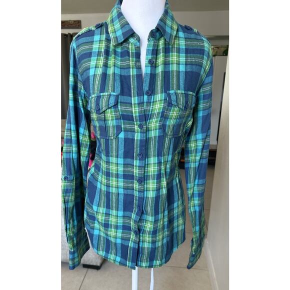Y2K Aeropostale Flannel Women L Green Plaid Blue VTG Outdoor Preppy Dog LOGO - Picture 9 of 11